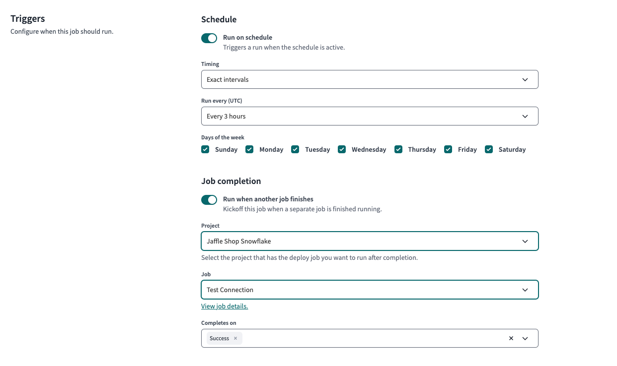 Example of Triggers on the Deploy Job page